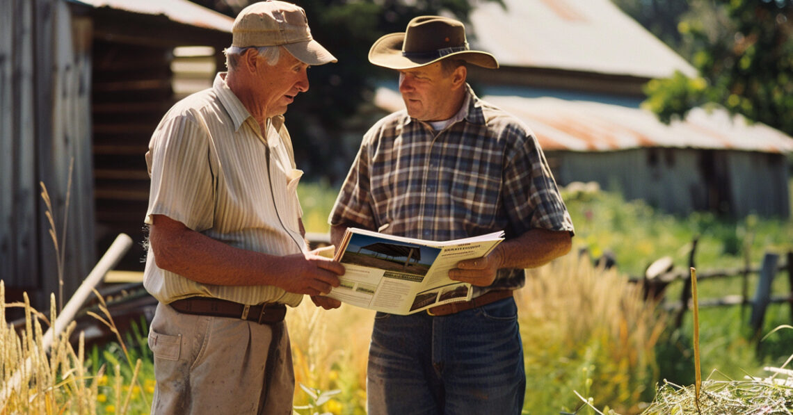 Two farmers discuss the advantages of a pole barn from matador