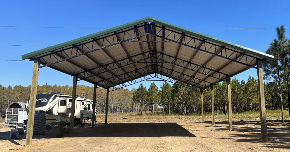 A large open pole barn on rural property showing typical use that can influence resale value and ROI.